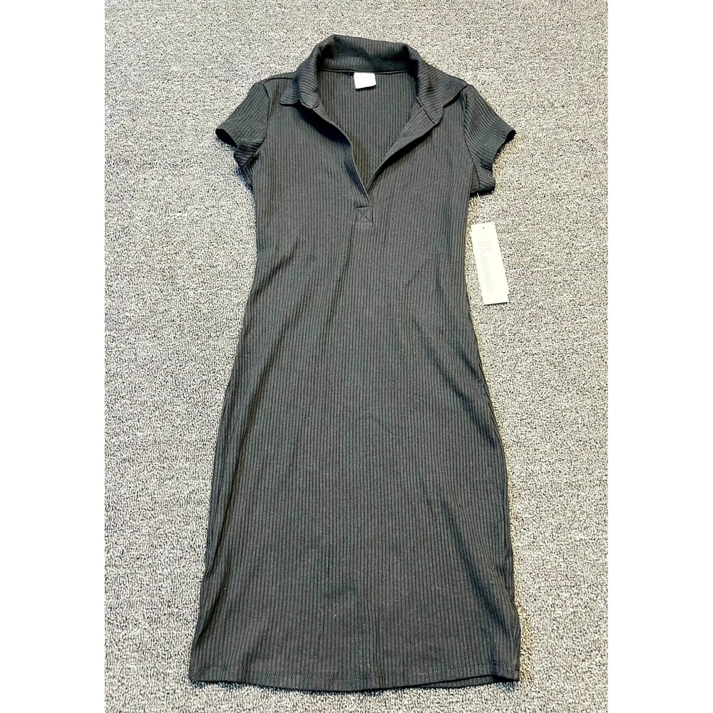 No Boundaries Ribbed Polo Mini Dress Womens 2XS Black Soot Cotton Cap Sleeve